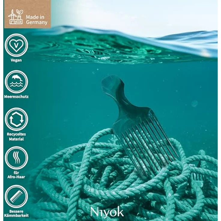 Niyok Afrokamm, 99% Recyclingkunststoff aus maritimen Seilen, stabil & schonend für lockiges und krauses Haar, Made in Germany – Bild 4