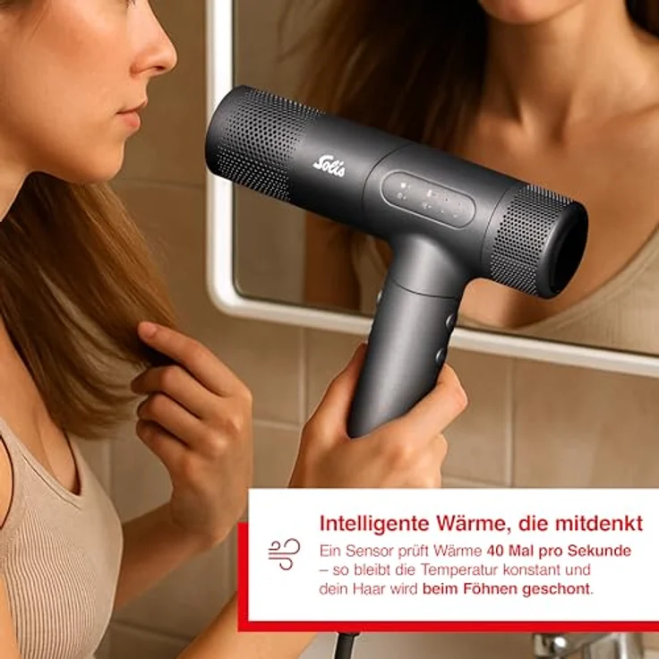 Solis AirVolution 280SE (Typ 3809), Ionen-Haartrockner mit intelligentem Temperatur-Sensor, 110.000 U/min, federleicht, 3 Temperatur- und Luftstufen, schwarz – Bild 2