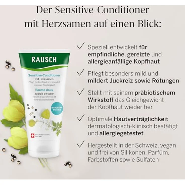 RAUSCH Sensitive-Conditioner 150 ml, milde Pflege für hochsensible Kopfhaut, vegan & silikonfrei, mit Herzsamenextrakt und Kokosöl, hergestellt in der Schweiz – Bild 3