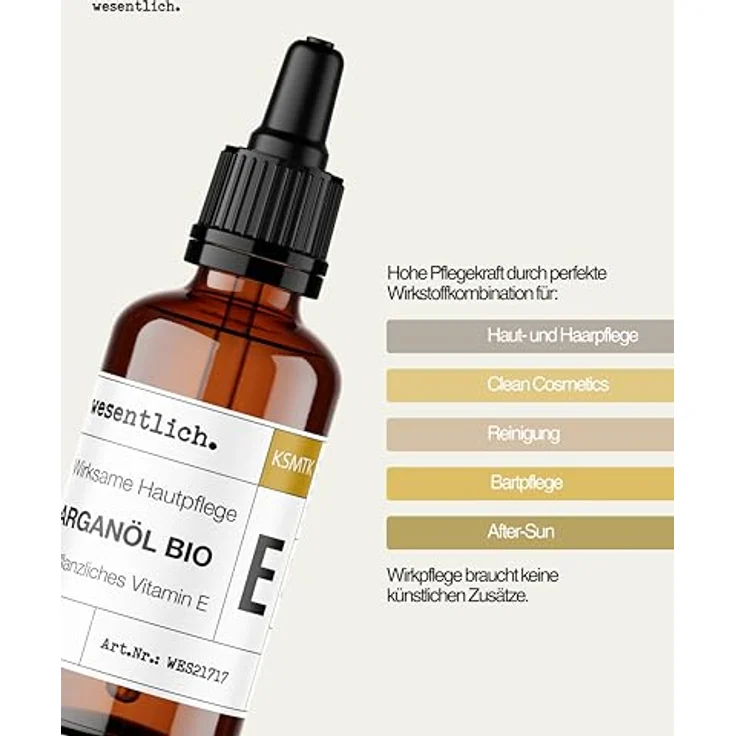 wesentlich. BIO Arganöl mit Extra Vitamin E, kaltgepresst, 100% naturrein, Kosmetik für Gesicht, Haut & Haare, Anti-Aging, Glasflasche mit Pipette, 50ml – Bild 4