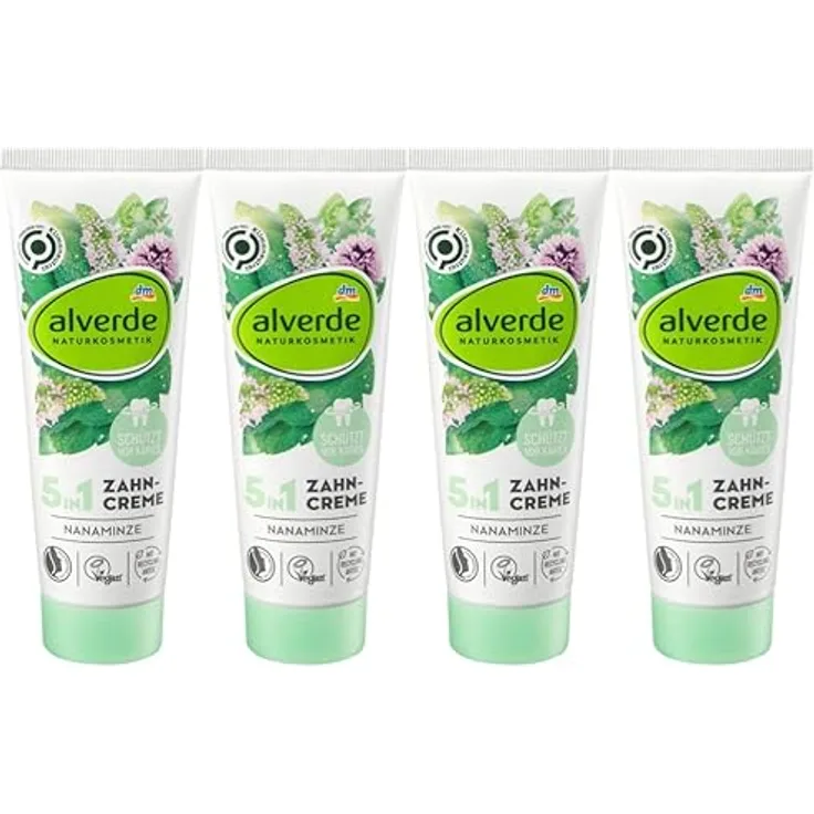alverde NATURKOSMETIK 5in1 Zahncreme Nanaminze, 4er-Pack Zahncreme (4 x 75 ml), 300 ml