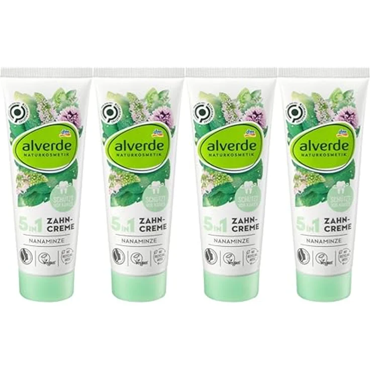 alverde NATURKOSMETIK 5in1 Zahncreme Nanaminze, 4er-Pack Zahncreme (4 x 75 ml), 300 ml – Bild 1