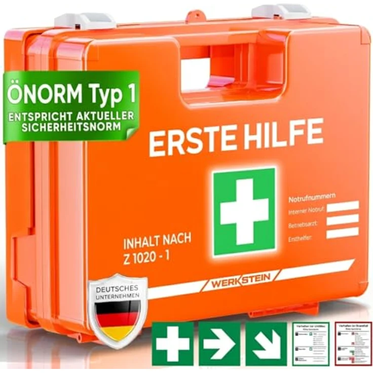 Werkstein Erste-Hilfe-Koffer ÖNORM Z1020 Typ1 - Verbandskasten inkl. praktischer Wandhalterung, (5x Aufkleber, Gesichtsmasken, Feuchttücher & Plombe, 1 St) - Erste Hilfe Koffer für Betriebe, Einrichtungen & Zuhause, blau – Bild 2