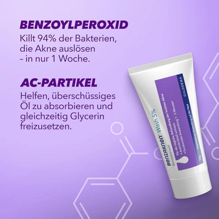 Benzaknen BENZAKNEN Wash 5%, 50g, Waschgel gegen Pickel & Mitesser bei leichter Akne auf Gesicht und Körper, für empfindlichere Haut geeignet, Mit BPO (Benzoylperoxid), Dermatologisch getestet – Bild 3