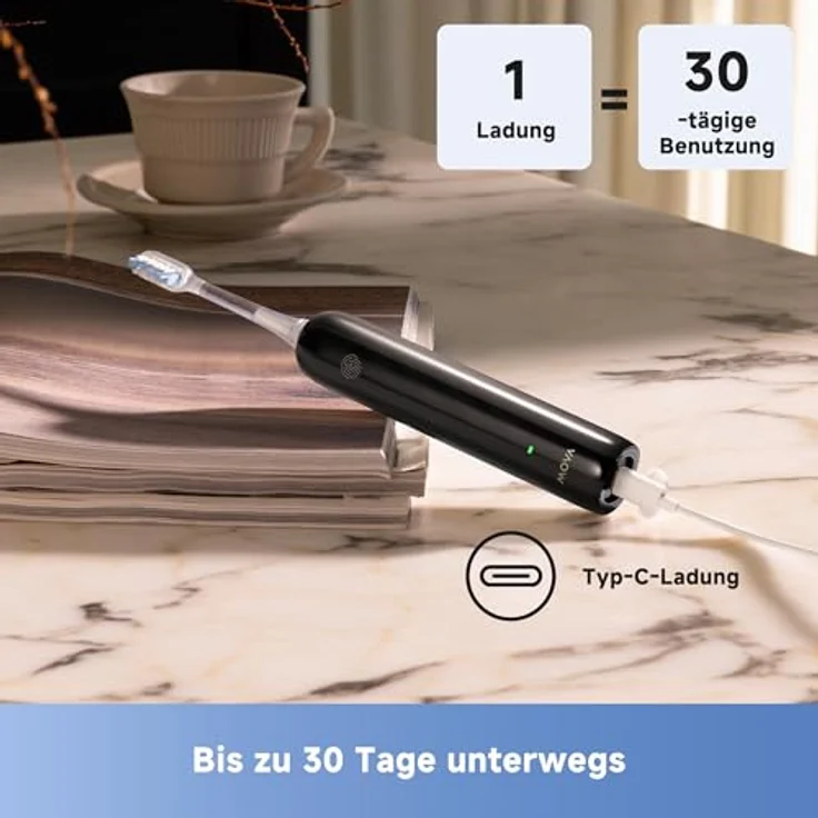 Mova Fresh SweepDrive™ elektrische Zahnbürste, wiederaufladbar mit Typ-C-Ladung, intuitivem Drucksensor und 3-in-1-Ersatzbürstenkopf, Schwarz – Bild 2