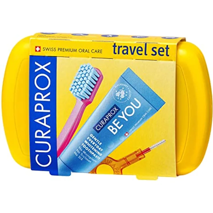 Curaprox Travel Set, Kosmetik-Reiseset für Zähne, Zunge und Zahnfleisch mit Zahnbürste, 2 Interdentalzahnbürsten und 10 ml Zahnpasta für empfindliche Zähne