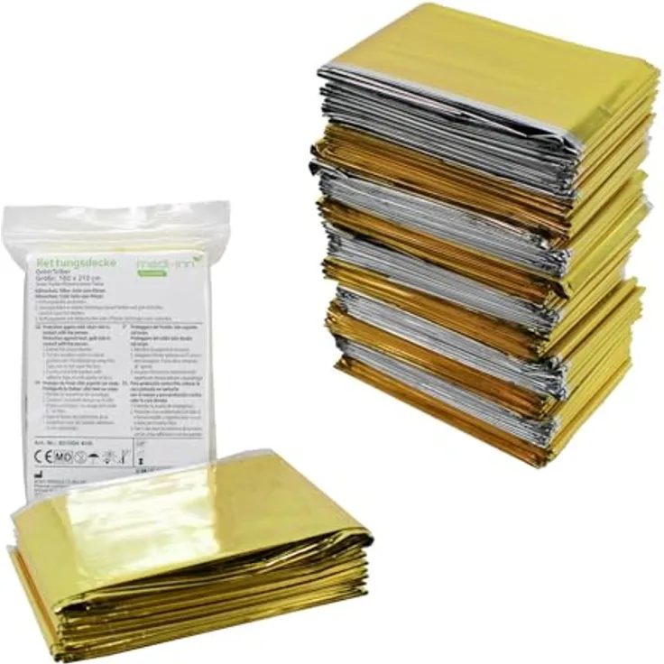 Medi-Inn Erste-Hilfe-Set Rettungsdecke, 160 x 210 cm, gold/silber, 10 Stück, ultradünn und widerstandsfähig für Kälteschutz und Hitzeschutz