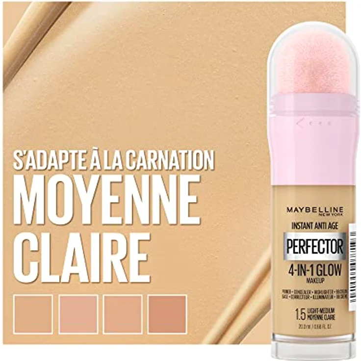 Maybelline New York 4-in-1 Make Up mit Concealer, BB Cream, Highlighter und Primer, für einen perfekten Teint, Foundation mit leichter Deckkraft, Instant Perfector Glow, Nr. 1.5 Light Medium, 20 ml – Bild 2
