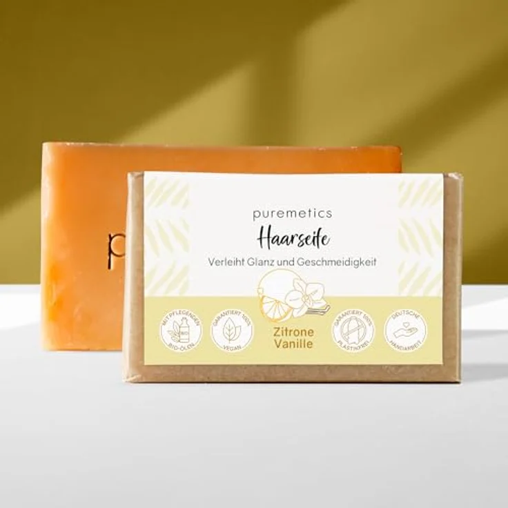 Puremetics Haarseife Zitrone-Vanille, 75g, veganes Shampoo mit Bio-Ölen und 7% Überfettung, orange – Bild 2