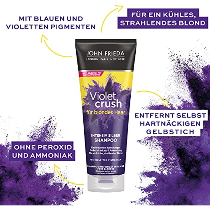 John Frieda Violet Crush Intensiv-Silber-Shampoo - Anti-Gelbstich - Auch gegen Orangetöne - Mit violetten Pigmenten, 250 ml – Bild 4