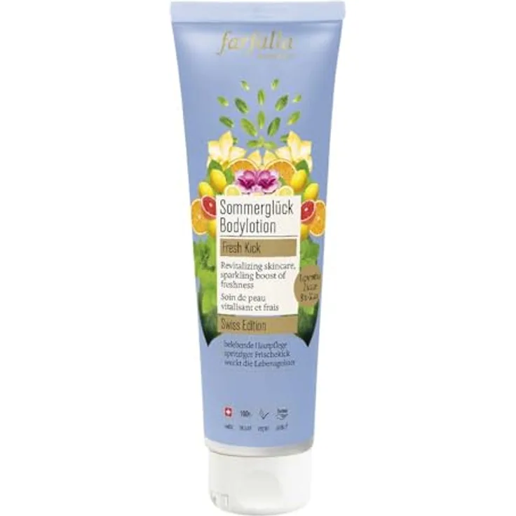 farfalla Fresh Kick Sommerglück Bodylotion, 150ml mit Jojoba- und Kokosöl, fruchtiger Duft von Zitrusölen und Pfefferminzhydrolat