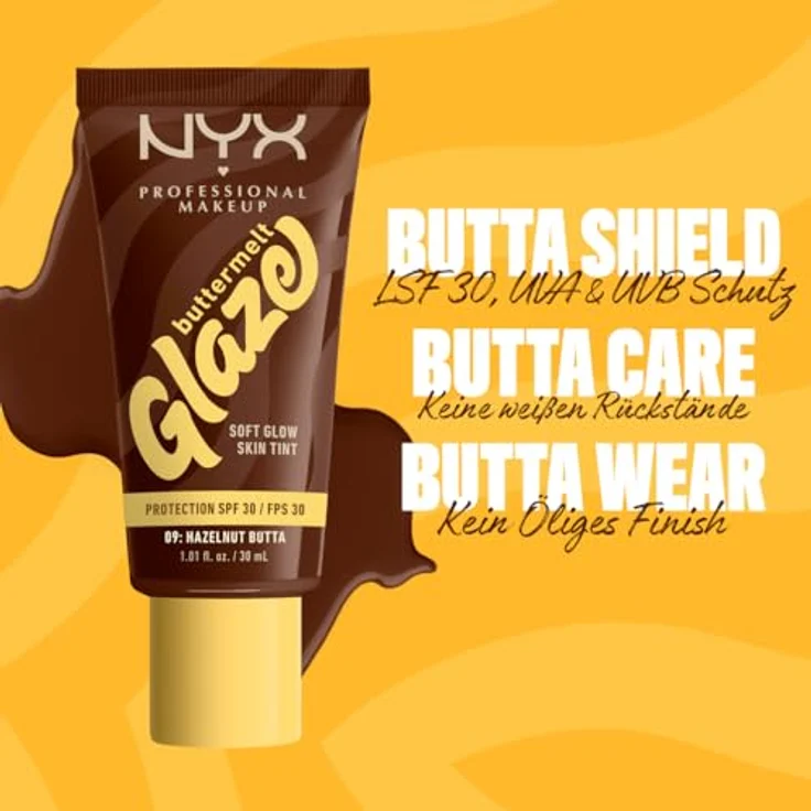NYX PROFESSIONAL MAKEUP Foundation Buttermelt Glaze, LSF 30, Sheabutter, Mangobutter, Niacinamide, 30 ml, Farbton: 09 Hazelnut Butta – Bild 3