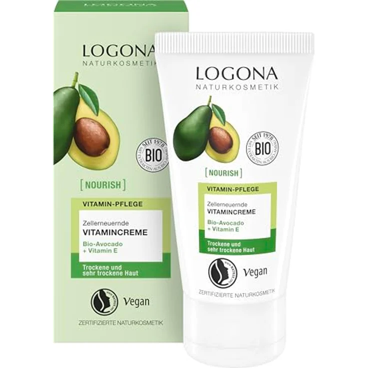 LOGONA Naturkosmetik NOURISH Vitamincreme Avocado, zellerneuernde Gesichtscreme mit Bio-Avocado und Vitamin E, 50 ml, für sehr trockene Haut – Bild 1