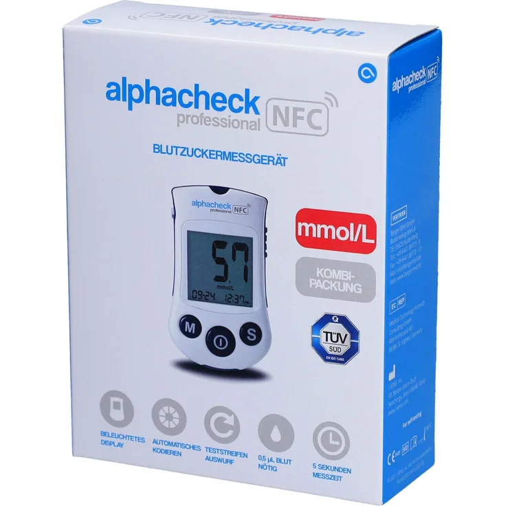 Adler Pharma Alphacheck professional Blutzuckermessgerät, präzise automatische Kodierung und Mahlzeiten-Markierung, Kombipackung 1 St.