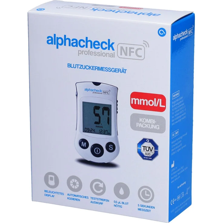 Adler Pharma Alphacheck professional Blutzuckermessgerät, präzise automatische Kodierung und Mahlzeiten-Markierung, Kombipackung 1 St.