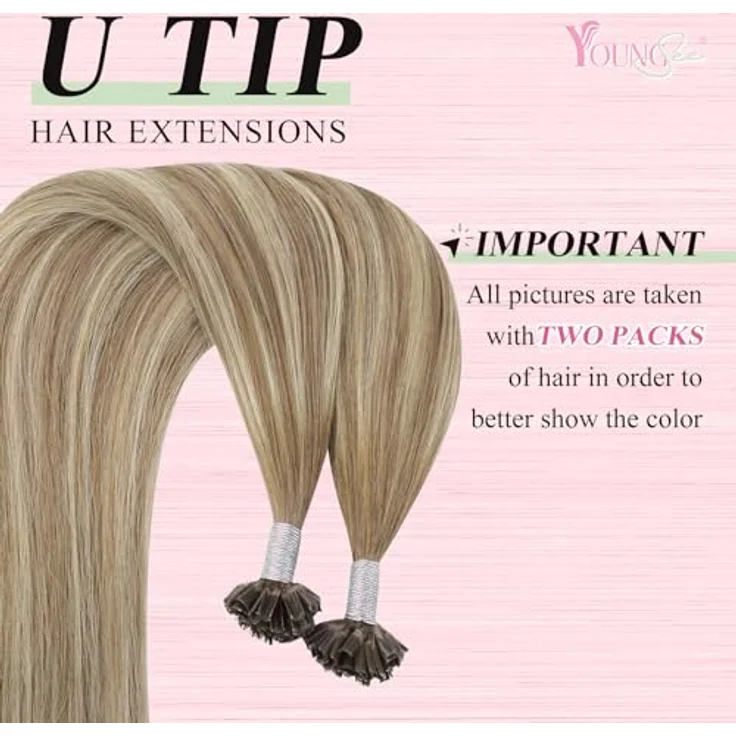 YoungSee Echthaar Bondings Ombre, U Tip Extension 35cm, 40g, Hellbraun-Platinblond, Keratin Bonding Remy, Hot Fusion – Bild 2