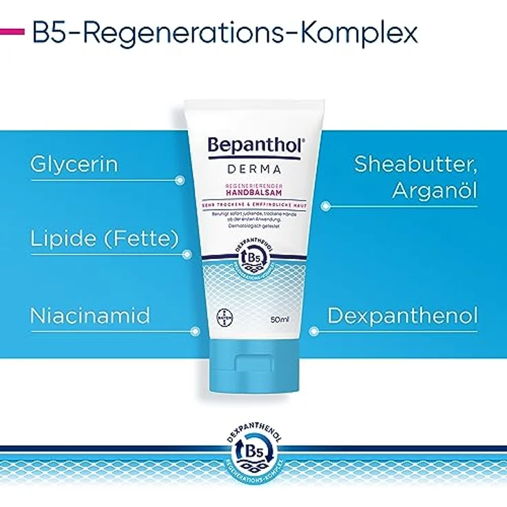 Bepanthol DERMA Regenerierender Handbalsam für die tägliche Pflege, beruhigt sofort juckende, trockene Hände, zieht schnell ein und spendet bis zu 48h Feuchtigkeit. Mit B5-Regenerations-Komplex, 50ml – Bild 4