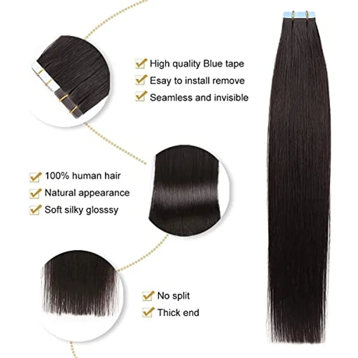 YILITE Tape Extensions Echthaar, Natürliches Schwarz 50cm, 20 Stück, 50g, Seidig und Gerade, Skin Weft, Wiederverwendbar – Bild 3