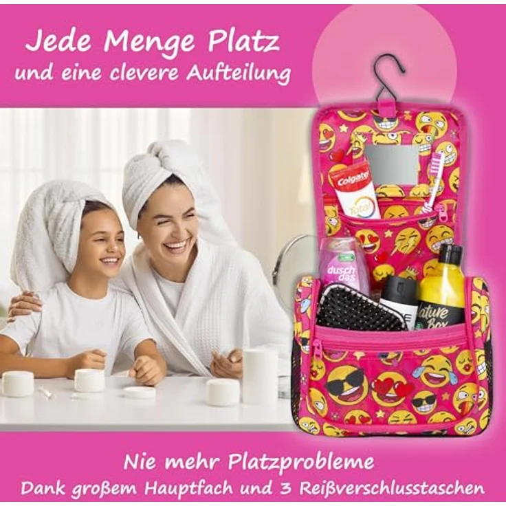 GRINSEZWERGE Kulturtasche für Kinder und Erwachsene, Reise Kulturbeutel mit 12 Motiven, 25 x 20 x 8 cm, zum Aufhängen, mit Metallhaken und herausnehmbarem Spiegel – Bild 3