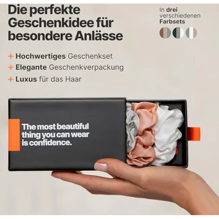 IMPERIO Seiden Scrunchies, 3er Set in Geschenkbox, 100% Maulbeerseide, 22 Momme Qualität, Classic (schwarz, weiß, hellgrau/silber) – Bild 5