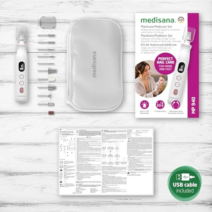 Medisana MP 940 Maniküre-Pediküre-Set, 10-tlg., aufladbar, mit beleuchtetem LCD-Display, 10 Aufsätzen für Nägel, Nagelhaut und Hornhaut – Bild 6