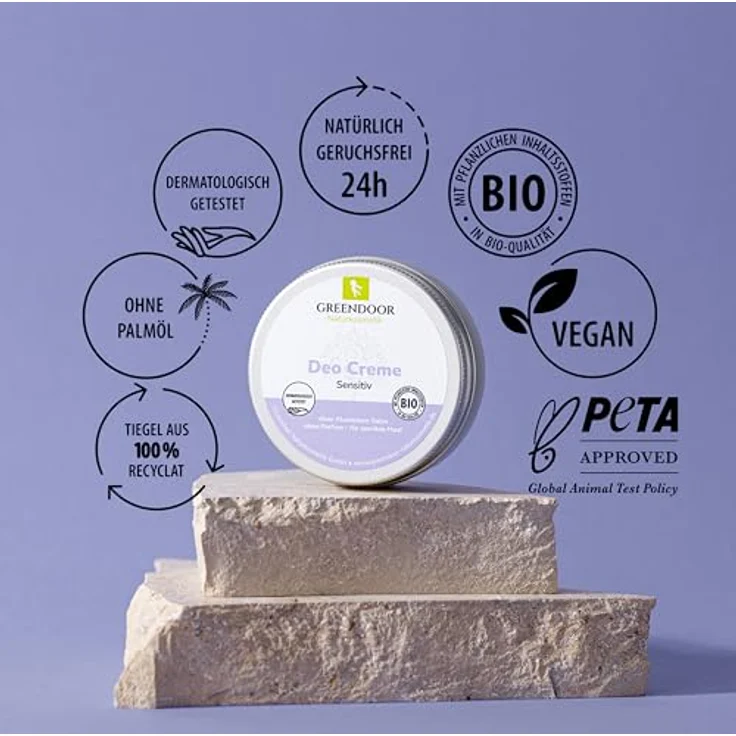 GREENDOOR Deo Creme Sensitiv 50ml, wirksames natürliches Deodorant ohne Parfum und ohne Aluminium, vegan, Tiegel aus 100% Altkunststoff, mit Bio Kokosöl virgin, Bio Kakaobutter virgin, ohne Allergene – Bild 2