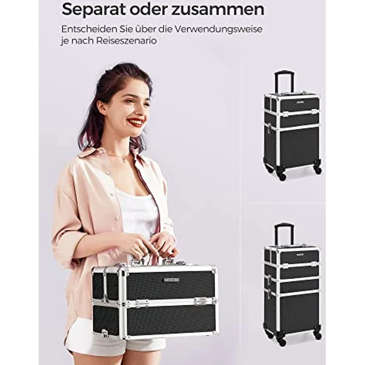 SONGMICS Kosmetikkoffer, Trolley, 4-in-1 Schminkkoffer, groß, abschließbar, 360° drehbare Rollen, für Reisen, Geschenkidee, schwarz JHZ11BK – Bild 5