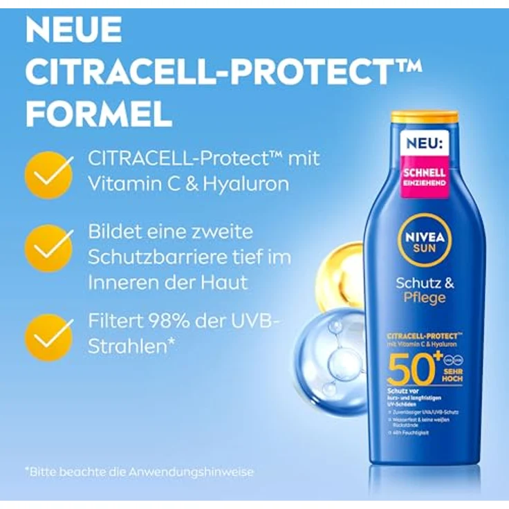 NIVEA SUN Schutz & Pflege Sonnenlotion LSF 50+, wasserfester Sonnenschutz mit Vitamin C & Hyaluron, 48h Feuchtigkeit ohne weiße Rückstände, 200 ml – Bild 3