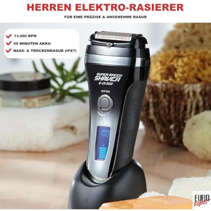 EUROtops Elektro-Rasierer Herren, 3 Klingen mit Trimmer, Nass & Trocken, Schnell-Laden, IPX7 wasserdicht – Bild 2