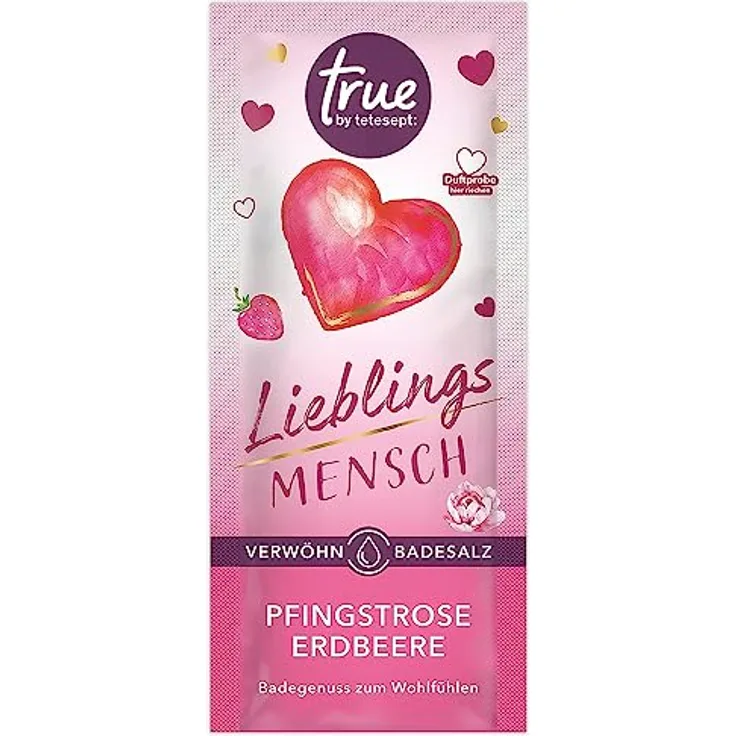 true by tetesept Lieblingsmensch Verwöhn-Badesalz – Veganer Badezusatz duftet nach Pfingstrose und Erdbeere – Wohltuender Badegenuss mit ätherischem Öl – 10 x 50 g