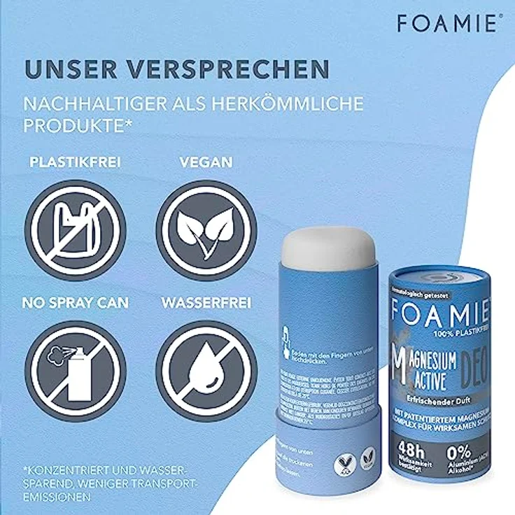 Foamie Festes Deodorant Herren "Refresh", Deo-Stick Intensiv-Erfrischendem Duft, 48h Wirksames Deodorant ohne Aluminium, Deostift vegan & plastikfrei, 40g – Bild 2