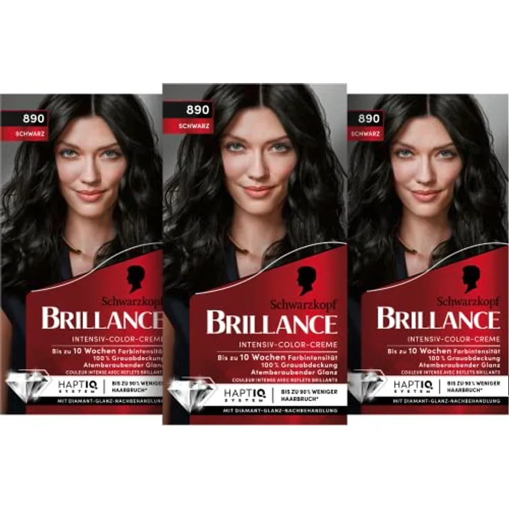 Brilliance Intensiv-Color-Creme 890 Schwarz Stufe 3 (3 x 160 ml), dauerhafte Haarfarbe mit Diamant-Glanz-Effekt & Pflege-Conditioner, 10 Wochen Farbintensität