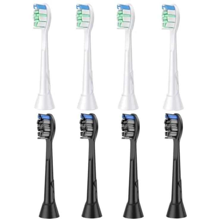 aismaili 8 Stücke Ersatzbürsten für Philips Sonicare, 4 schwarze und 4 weiße Zahnbürstenköpfe mit Hoch-Tief-Borsten und praktischen Erinnerungsborsten