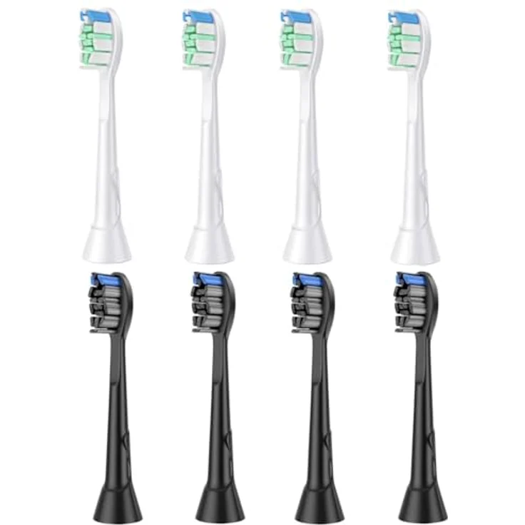 aismaili 8 Stücke Ersatzbürsten für Philips Sonicare, 4 schwarze und 4 weiße Zahnbürstenköpfe mit Hoch-Tief-Borsten und praktischen Erinnerungsborsten – Bild 1