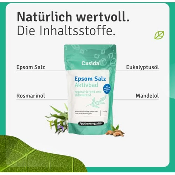 Casida Epsom Salz Aktivbad mit Rosmarinöl & Eukalyptusöl - 1000 g - Muskel- & Gelenkwohl - Original Epsom Salz – Bild 2