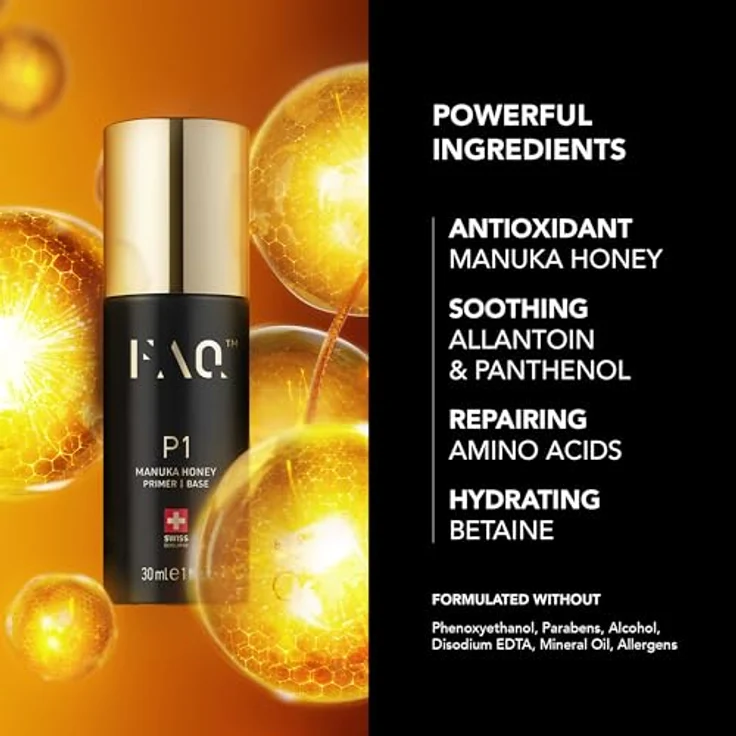 FAQ Leitfähiger Primer FAQ P1 Manuka Honey 30ml | Bessere Ergebnisse | Allantoin & Aminosäuren | Antioxidant & hydrierend | Anti-Aging-Hautpflege | Dermatologisch getestet | Alle Hauttypen – Bild 3