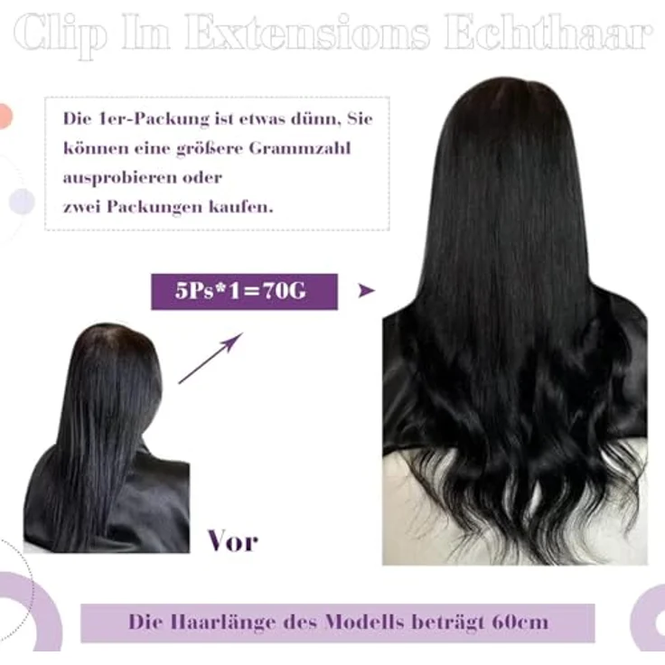 LaaVoo Clip-In-Haarverlängerung, Echthaar, dunkelbraun, #2, 5 Stück/80 g, 45 cm, mit doppelter Tresse – Bild 4