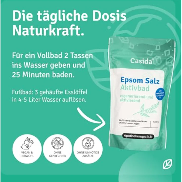 Casida Epsom Salz Aktivbad mit Rosmarinöl & Eukalyptusöl - 1000 g - Muskel- & Gelenkwohl - Original Epsom Salz – Bild 4