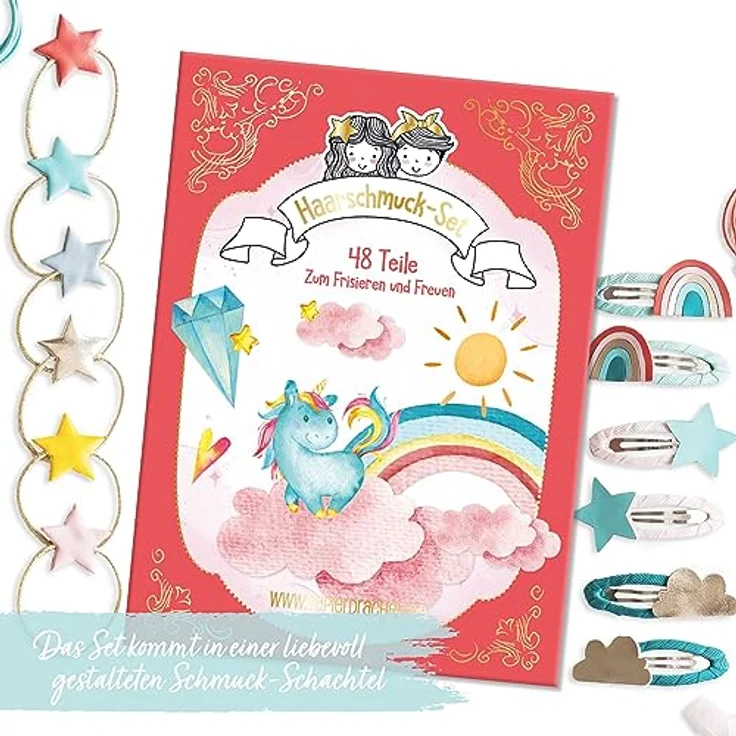 Papierdrachen 48-teiliges Set Haarspangen und Haargummis, langlebig und robust, mit Glitzer und Stoffbezug, *Regenbogen pink*, für lange und feine Haare – Bild 2