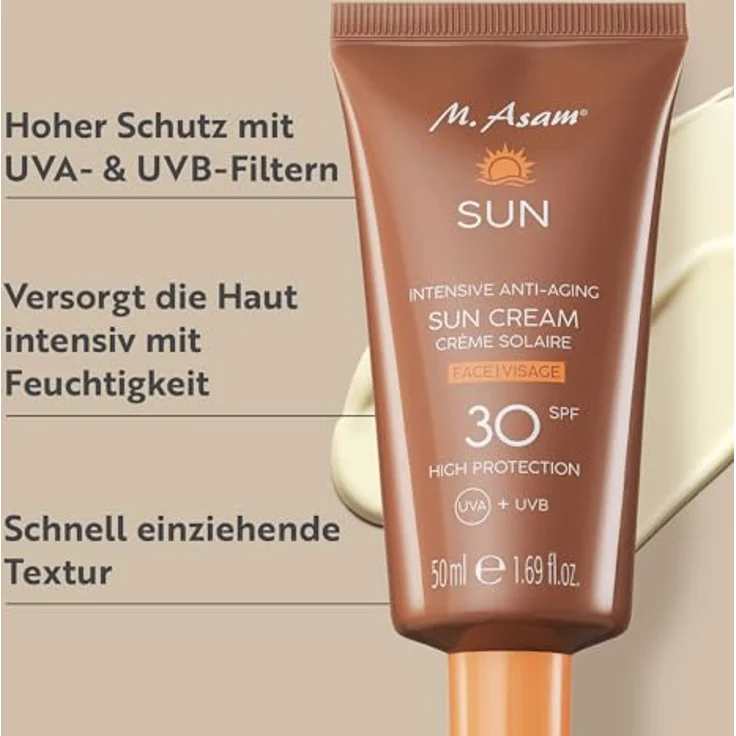 M. Asam SUN Intensive Anti-Aging Sonnencreme Gesicht LSF 30 (50 ml) – Gesichtscreme mit sofortigem Schutz vor UVA- & UVB-Strahlung, beugt sonnenbedingten Hautschäden vor, mit Aloe Vera & Kokoswasser – Bild 2