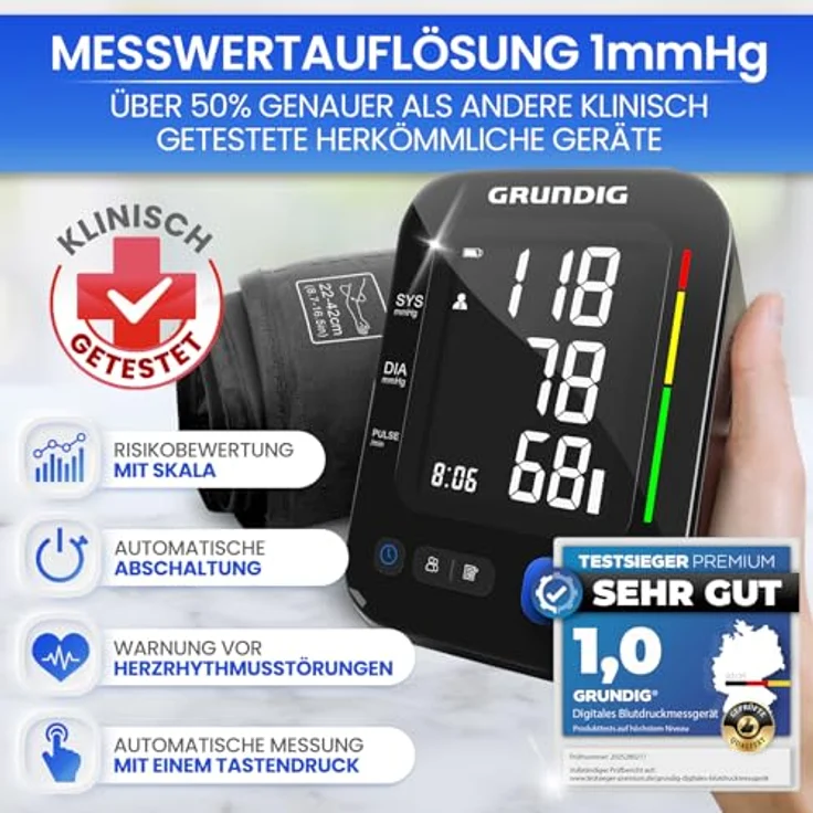 GRUNDIG Blutdruckmessgerät Oberarm, hochpräzise mit Herzrhythmusstörungen Erkennung, Risikobewertung und Manschettensitzkontrolle, schwarz – Bild 2