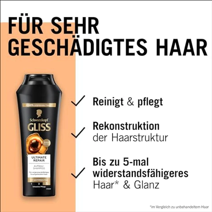 Gliss Ultimate Repair Shampoo (250 ml), Haarshampoo mit flüssigem Keratin & Perlen-Extrakt für stark geschädigtes und trockenes Haar – Bild 4