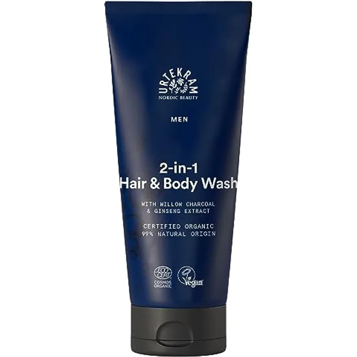 Urtekram Men's 2-in-1 Haar & Körperseife, mit Ginsengextrakt & Bio-Weidekohle, erfrischend & revitalisierend, 200 ml, Vegan, Bio, grau-schwarz