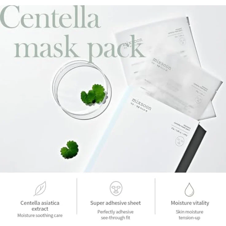 mixsoon Centella Beruhigende Tuchmaske, regeneriert die Hautbarriere, 5 Stück à 25 g, intensive Feuchtigkeitspflege – Bild 3