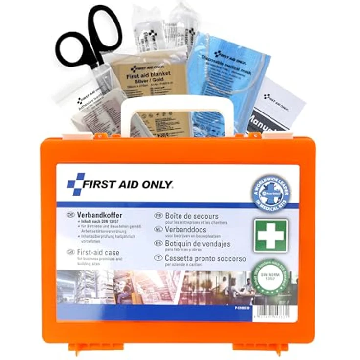 First Aid Only Verbandkoffer mit Griff, DIN 13157, inklusive Trennscheiben, Wandhalterung, Schrauben und Dübeln, orange, P-10020 – Bild 2