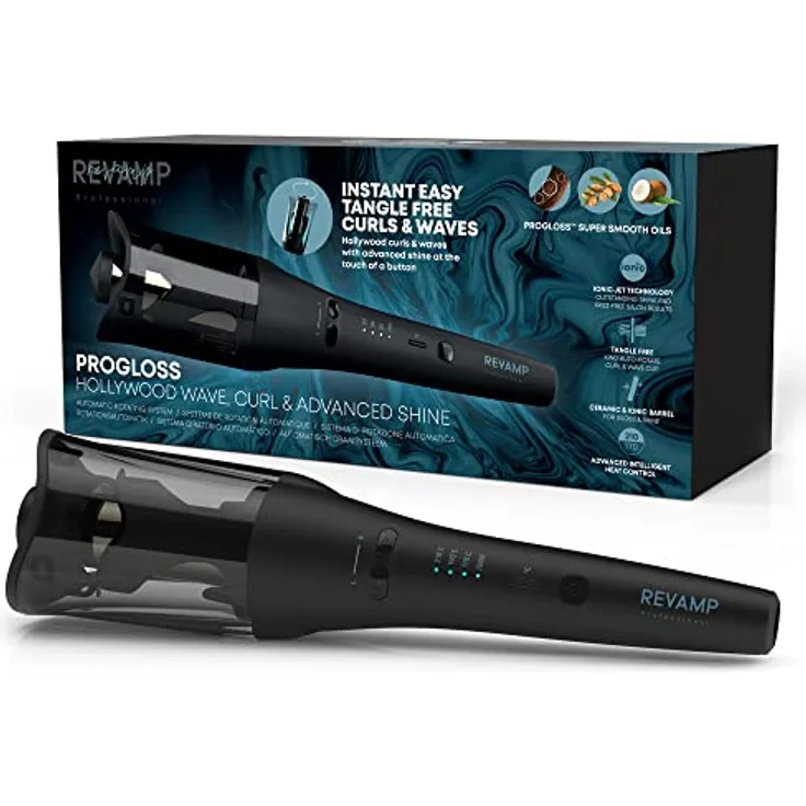 Revamp Progloss Hollywood Wave - Automatischer Lockenstab für Wellen und Locken mit fortgeschrittenem Schutz & Glanz, 5 Temperatureinstellungen, Abschaltautomatik und 3m Salonkabel