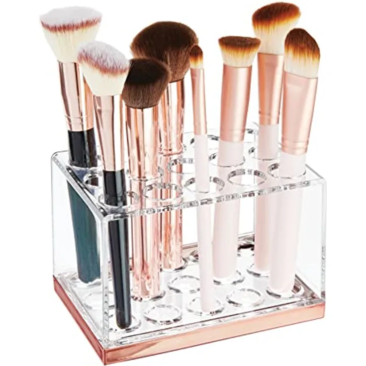 mDesign praktischer Kosmetik Organizer – dekorative Kosmetik Aufbewahrungsbox für Wimperntusche und Lippenstift – Ablage mit 15 Fächern zur Schminkaufbewahrung – durchsichtig und rotgold
