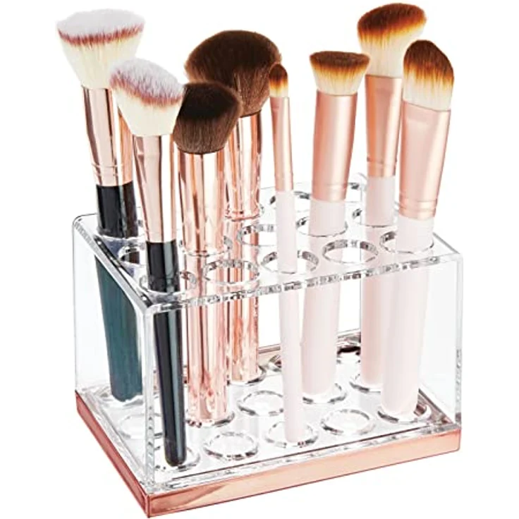 mDesign praktischer Kosmetik Organizer – dekorative Kosmetik Aufbewahrungsbox für Wimperntusche und Lippenstift – Ablage mit 15 Fächern zur Schminkaufbewahrung – durchsichtig und rotgold – Bild 1