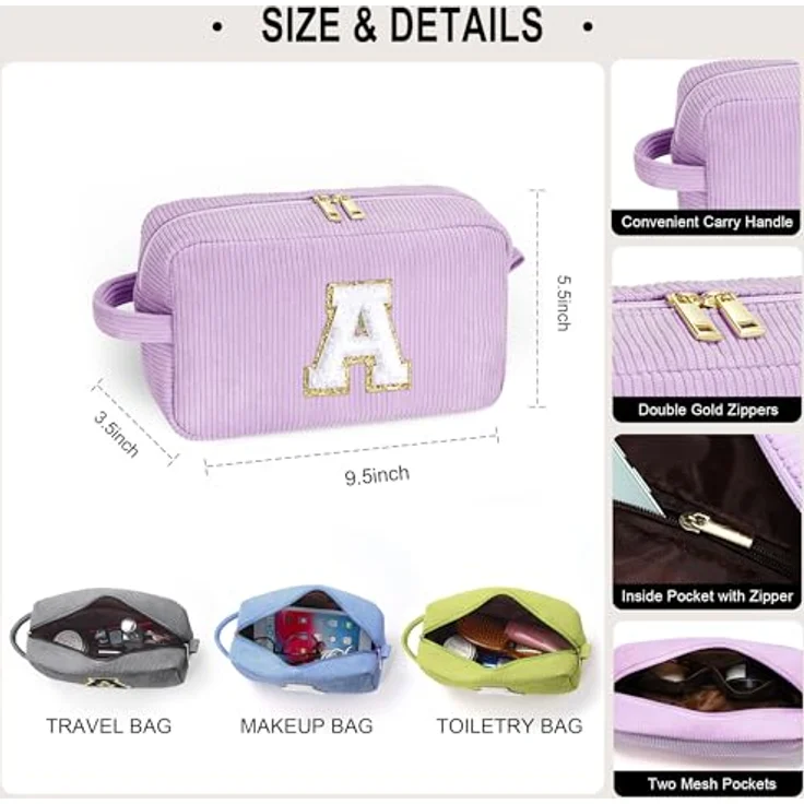 Parima Kosmetiktasche Damen Kulturbeutel, 2-teilig im Corddesign mit Fächern, personalisierbares Geschenk für Frauen in Größe 25 x 15 x 9 cm und 22 x 9 cm, Buchstabe I – Bild 2