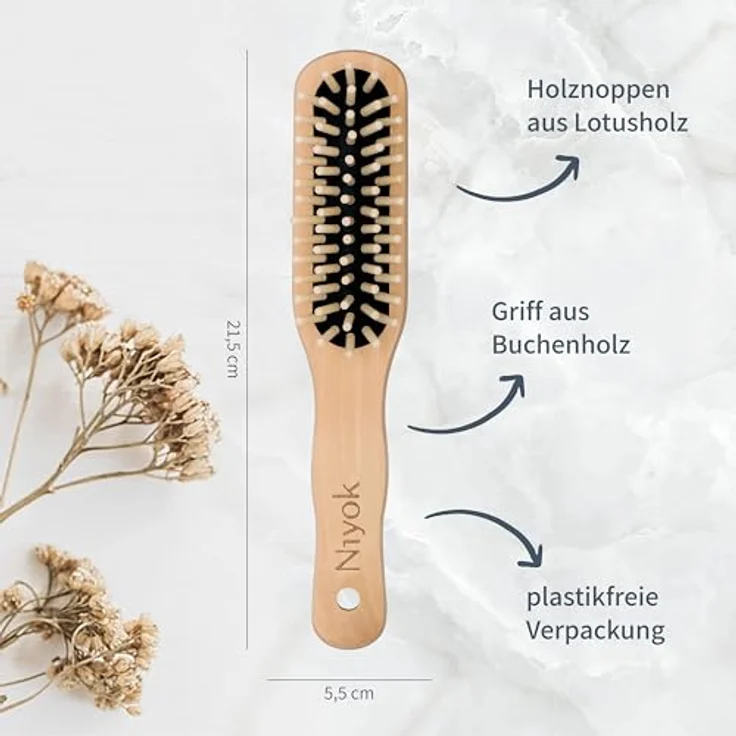 Niyok® Längliche Holz-Haarbürste • Natur Holz Bürste mit Holznoppen • Holzbürste für alle Haartypen • Nachhaltige Haarbürste aus Buchenholz • Vegan, nachhaltig & plastikfrei – Bild 2